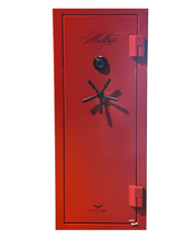 Load image into Gallery viewer, Red safe door with black handle and 'Hollon' branding on a white background. Dial lock, 16 gun capacity