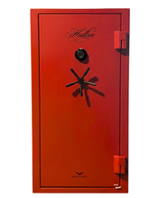 Load image into Gallery viewer, Red safe with 'Hollow' branding on a white background. Dial lock, 22 gun capacity