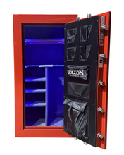 Load image into Gallery viewer, Red safe with open door showing blue interior and black bags labeled 'Hollon' 22 gun capacity