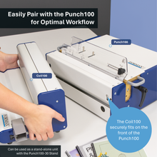 Load image into Gallery viewer, A person is attaching a blue and white Coil100 accessory to a white and blue Punch100 machine on a light gray tabletop, with overlaid marketing text and callout bubbles explaining compatibility and fit.