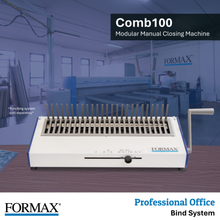Load image into Gallery viewer, FORMAX Comb100 modular manual closing machine shown in a white and blue cabinet-style binding machine, with a hand crank on the right and multiple vertical punch needles across the top. The image includes a large FORMAX logo at the bottom left and text overlays reading 'Comb100 Modular Manual Closing Machine' and 'Professional Office Bind System'.