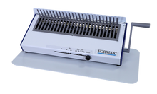 Load image into Gallery viewer, FORMAX manual binder with a white body, blue trim, and a gray crank handle, shown on a white background.