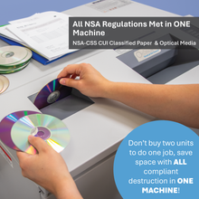Load image into Gallery viewer, Person using a high security shredder to destroy classified media meets NSA regulations.