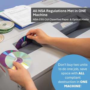 Person using a high security shredder to destroy classified media meets NSA regulations.