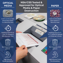 Load image into Gallery viewer, NSA approved shredder with text on optical media, paper destruction, and specifications.