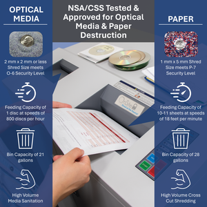 NSA approved shredder with text on optical media, paper destruction, and specifications.