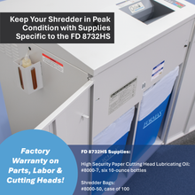 Load image into Gallery viewer, Shredder with text about maintaining peak condition with specific supplies for FD 8732HS model.