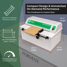 Load image into Gallery viewer, Formax cardboard trimmer with specifications on a gray background