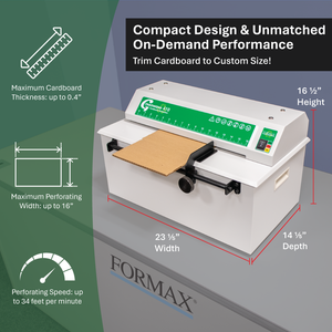 Formax cardboard trimmer with specifications on a gray background