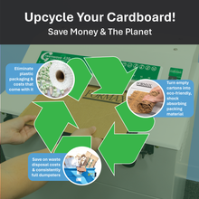 Load image into Gallery viewer, Recycling symbol made from cardboard with text about upcycling and environmental benefits.
