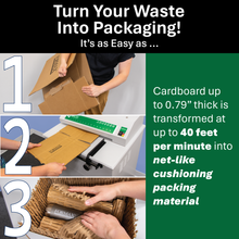 Load image into Gallery viewer, Process of transforming cardboard into packaging material with text &#39;Turn Your Waste Into Packaging!&#39;