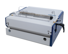 Load image into Gallery viewer, A FORMAX automatic document feeder binding machine, featuring a white and blue metal chassis, a clear protective cover over the needle assembly, and a black lever on the right side, shown on a solid white background.