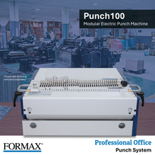 Load image into Gallery viewer, FORMAX Punch100 modular electric punch machine shown in a white and blue office machine shop setting, with promotional text overlays.