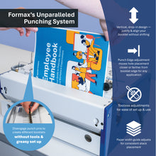 Load image into Gallery viewer, A person inserts a colorful booklet into a Formax punching machine, with overlaid marketing text and callouts explaining features like vertical drop-in design, punch edge adjustment, and paper width guide.