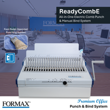 Load image into Gallery viewer, FORMAX ReadyCombE all-in-one electric comb punch and manual bind system in a white and blue office machine, shown with feature callouts and a blurred office background.