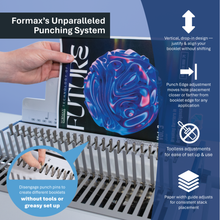 Load image into Gallery viewer, A promotional graphic for the Formax Unparalleled Punching System, showing a person holding a booklet through a punching machine. The image includes feature callouts with arrows and icons explaining vertical drop-in design, punch edge adjustment, toolless adjustments, and paper width guide adjustments.