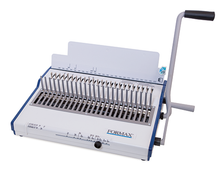 Load image into Gallery viewer, FORMAX manual binder machine with a white body, blue trim, and a gray crank handle, shown on a plain white background.