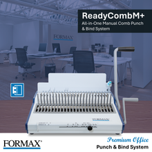 Load image into Gallery viewer, FORMAX ReadyCombM+ All-in-One Manual Comb Punch &amp; Bind System shown in the foreground with a blurred office background and promotional text overlays.