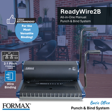 Load image into Gallery viewer, FORMAX ReadyWire2B All-in-One Manual Punch &amp; Bind System shown in a styled office interior scene with promotional text callouts, including 'Recommended' and feature icons for 2:1 pitch and wire binding.
