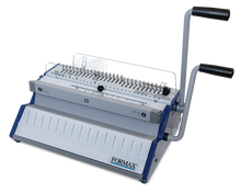 Load image into Gallery viewer, FORMAX manual binder machine with a gray and blue metal body, black handles, and a clear viewing window, shown on a white background.