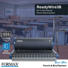 Load image into Gallery viewer, FORMAX ReadyWire3B All-in-One Manual Punch &amp; Bind System shown in a classroom setting, with overlaid product features including 3:1 pitch wire binding and a manual icon.