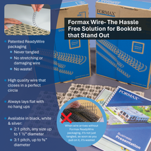 Load image into Gallery viewer, Formax ReadyWire packaging and sample wire shown in a promotional layout with text callouts, a before/after comparison circle, and several blue FORMAX boxes and loose wire samples on a dark background.