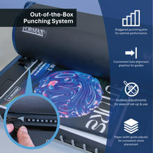 Load image into Gallery viewer, A Formax punching system shown in use with a colorful printed sheet, featuring a large black punch roller, a circular inset showing a finger adjusting a guide, and a blue informational panel with feature callouts.
