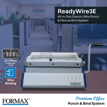 Load image into Gallery viewer, FORMAX ReadyWire3E all-in-one electric wire punch and manual bind system shown in an office setting, with product features and branding text overlaid on the image.