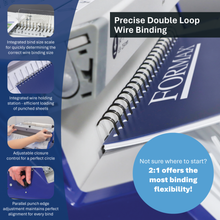 Load image into Gallery viewer, Promotional graphic for a FORMAX Precise Double Loop Wire Binding machine, showing close-up of the blue and white machine with a spiral-bound notebook, feature callouts on the left, and a blue callout circle with marketing text.