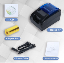 Load image into Gallery viewer, Electronics package with RB-58-RP printer, CD, paper roll, power cable, and user manual on a white background.