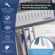 Load image into Gallery viewer, Promotional graphic for Formax Wire Binding, showing a close-up of a Formax binding machine, wire binding samples, spiral-bound books, and printed marketing text on a dark blue background.