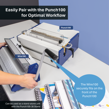 Load image into Gallery viewer, A person's hands operate a blue and white Punch100 spiral notebook binding machine on a light gray desk, with a Wire100 wire guide attached. The scene includes text callouts and promotional overlays explaining workflow pairing.
